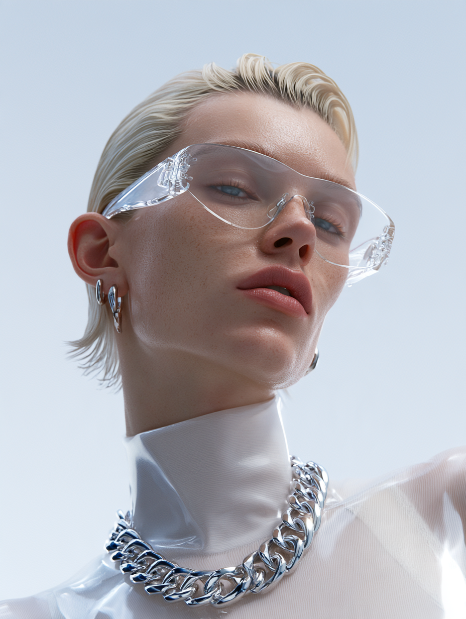 Local editing test 2 original: close-up of a blonde woman wearing glasses with transparent temples that overlap the lenses