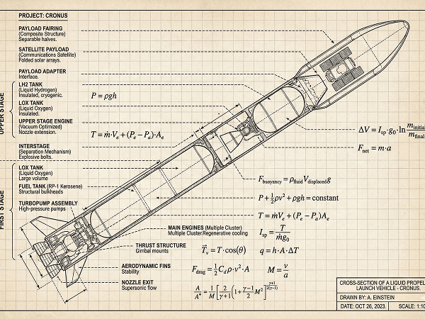 Detailed, labeled cross-section diagram of a modern multi-stage rocket engine and fuel tanks.