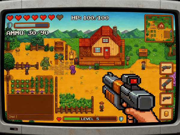 A retro, pixel-art Stardew Valley-style FPS game interface showing health, map, and inventory icons.