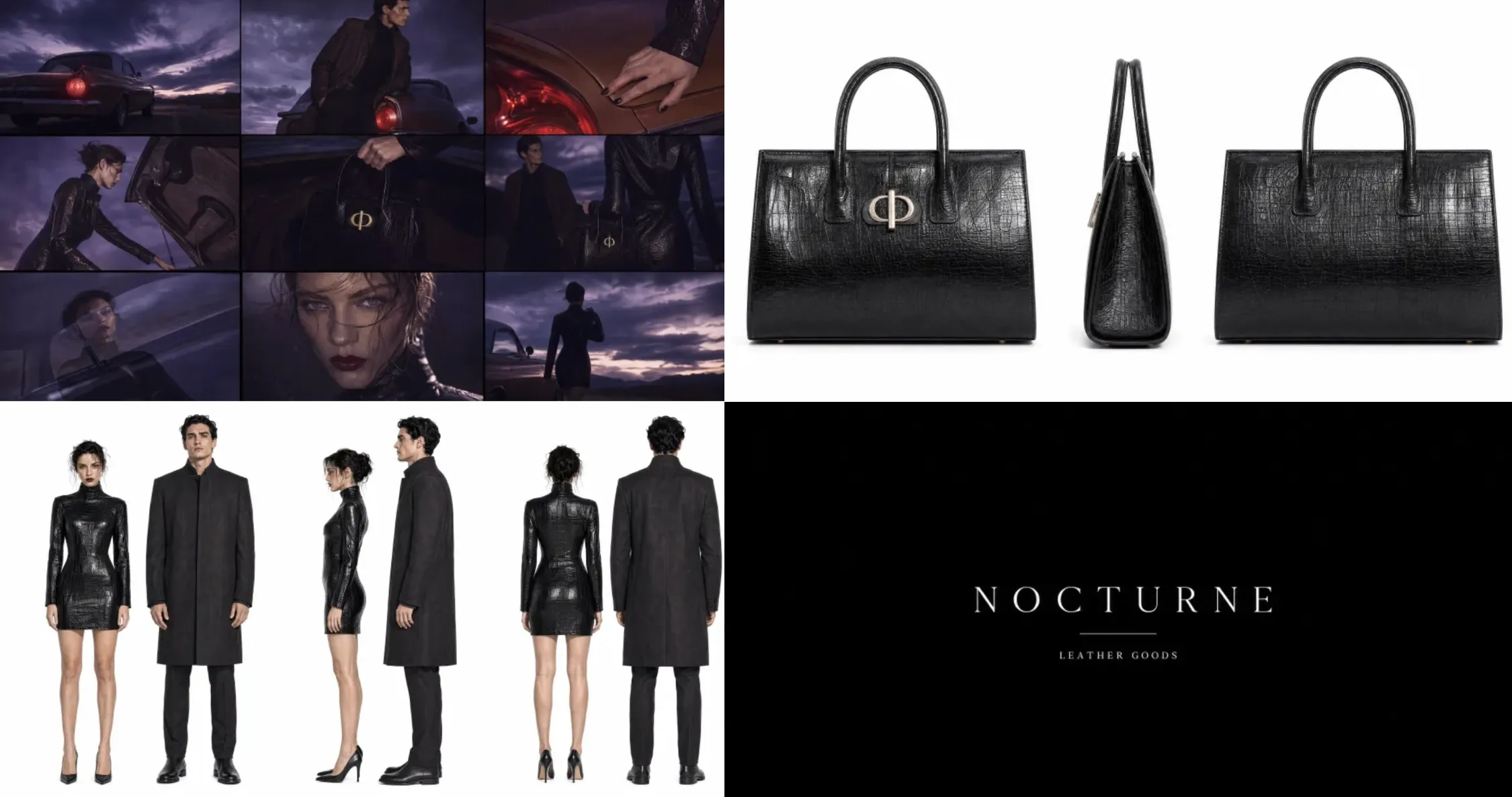 Four reference images define the desert-road film look, character, black bag, and ending logo for a MiniMax H3 fashion campaign