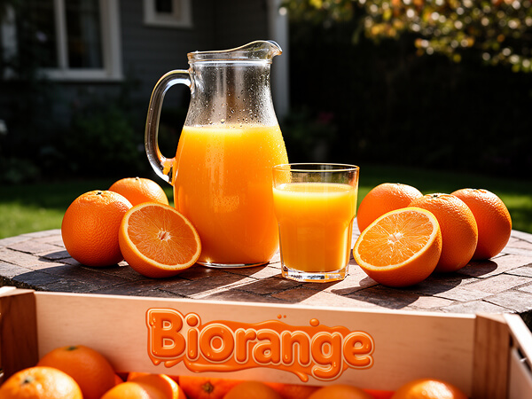 An orange juice product advertisement generated by FLUX.2, featuring crisp, legible text labels and perfect typography rendering.