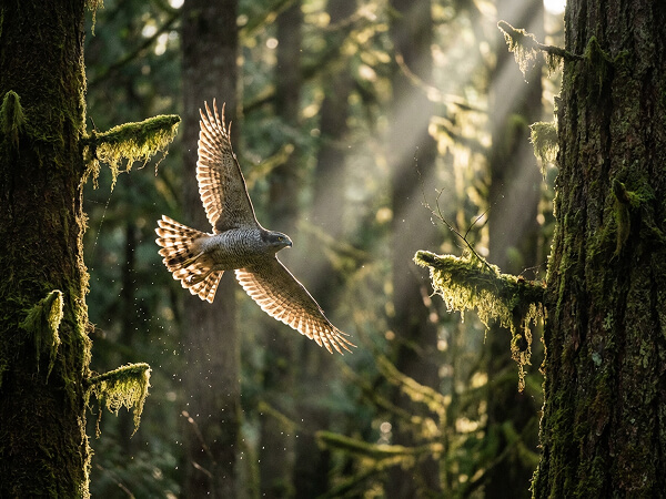 A cinematic shot of a bird flying through a forest in morning light, showcasing FLUX.2's advanced understanding of photorealistic physics and complex lighting interactions.