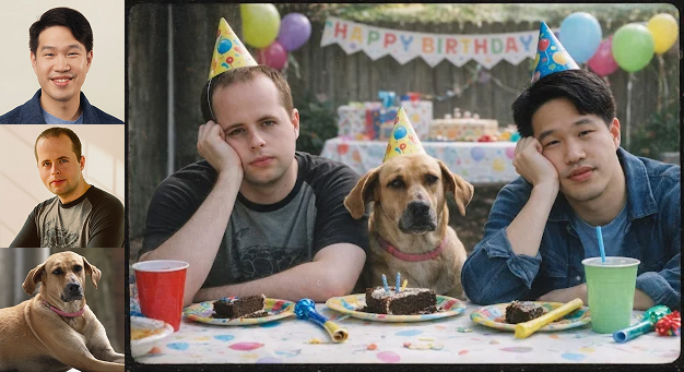 GPT Image 1.5 combining two men and a dog into a 2000s film-style party scene