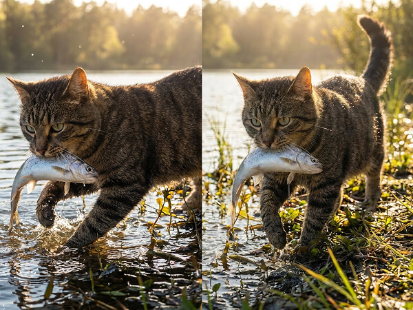 Sequential shots of a cat fishing, demonstrating the industrial-grade scene and subject consistency of KlingAI O1 AI.